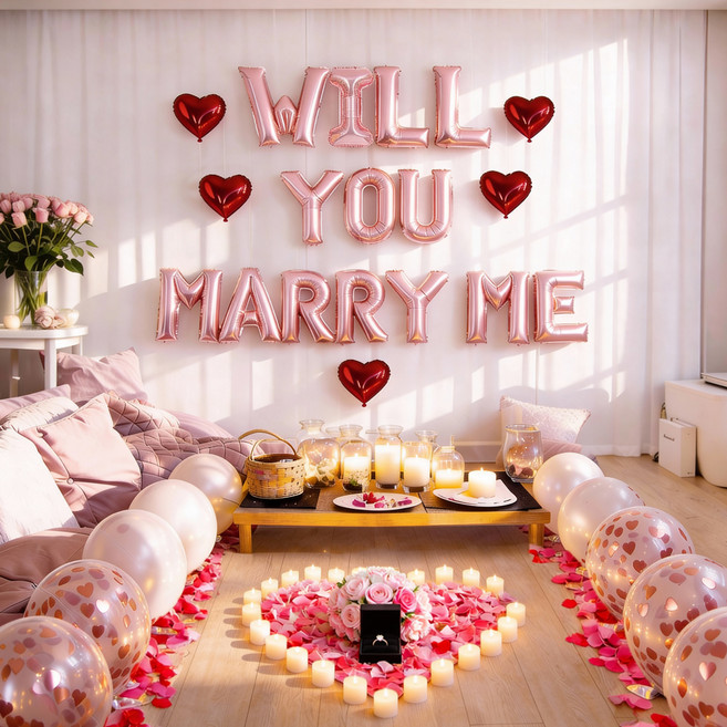 PARTYSHOW Will You Marry Me 求婚LED蠟燭字母氣球DIY套組, 玫瑰金, 1套