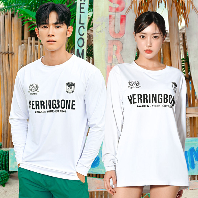 HERRINGBONE apparel 涼感 Blockcore 運動風泳裝 長袖防磨衣 上衣 RH362, 白色