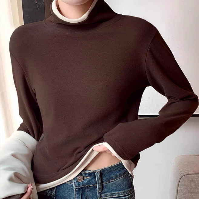 구디프 여성용 배색 포인트 벨벳 기모 티셔츠 보온 베이스웨어