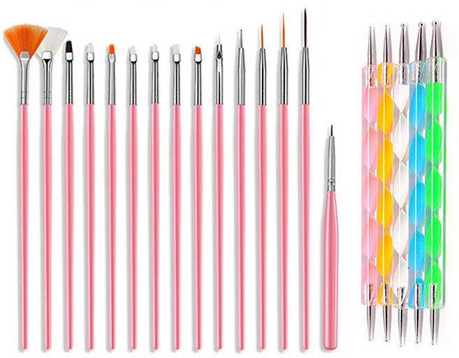 네일 브러쉬 15종 + 마블러 도트봉 5종 세트, 1세트, 혼합색상