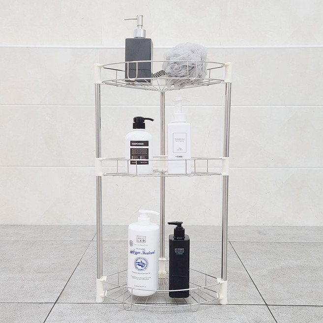 키다리 화장실 세탁실 스텐레스 욕실선반 코너형 3단, 혼합색상, 1개