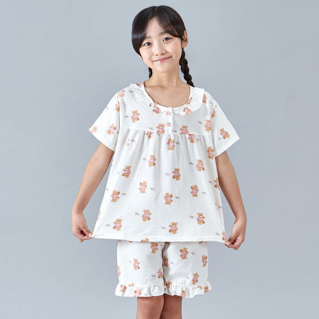 폭스클럽 아동용 곰돌이좋아 시어서커 반팔 잠옷 상하의 세트 프릴