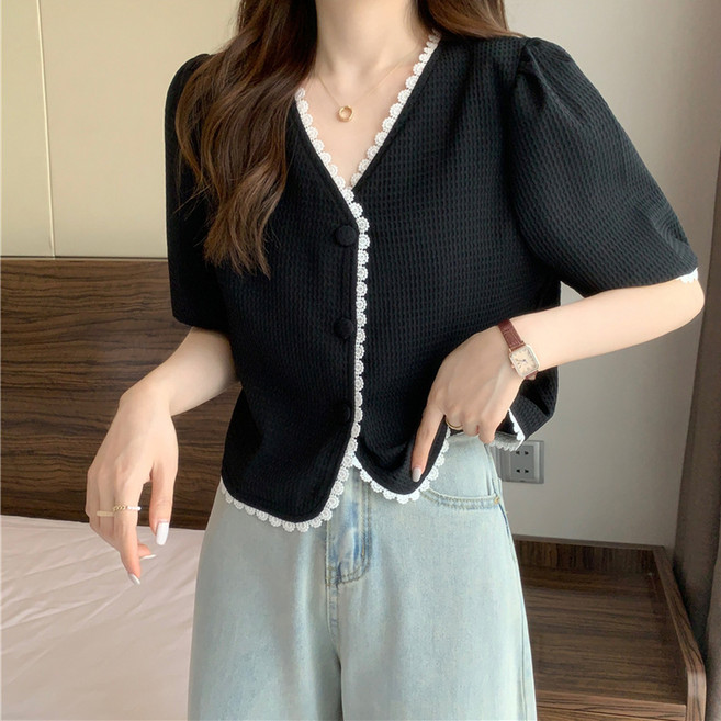 더시럽 여성용 레이스 퍼프소매 반팔 가디건