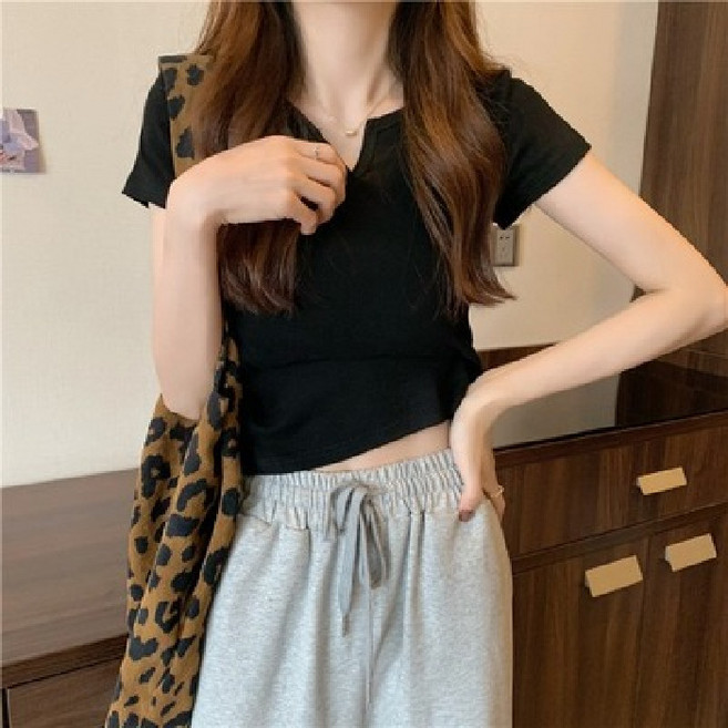 디멜디 여성용 슬림 브이넥 크롭 단색 반팔티셔츠