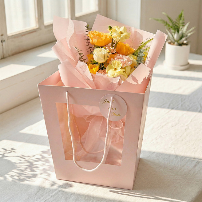 위가든 투명 사다리꼴 꽃다발 케이스 꽃집 화분 쇼핑백, 5개, 핑크