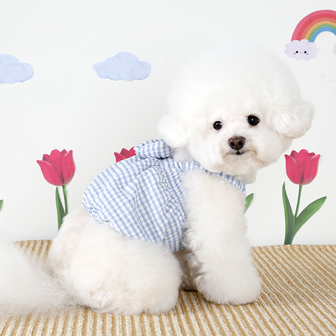 에이미러브즈펫 반려동물 체크 크롭 원피스, 블루, 1개