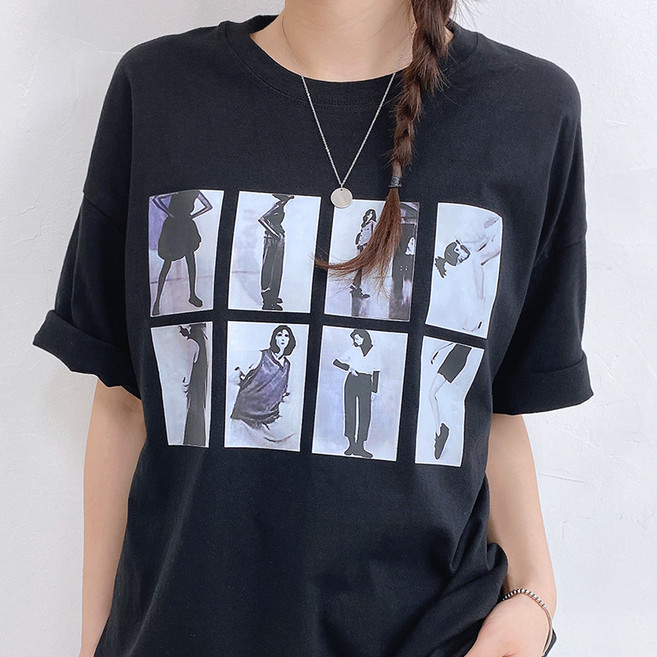 젤루나 여성용 순면 100% 프린트 레이어드 반팔 티셔츠 TH-49