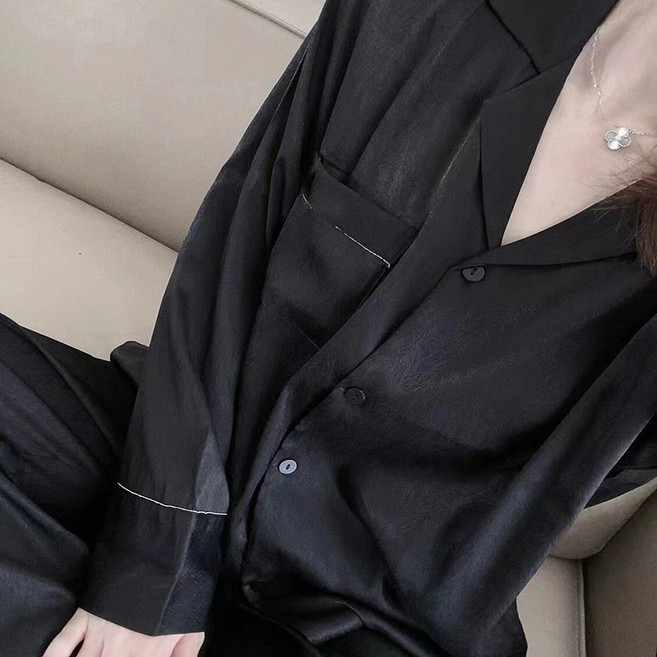 피어니스트 여성용 아이스 실크스타일 카라 긴팔 잠옷 상하의 세트