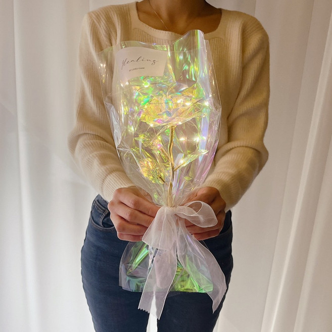 러블리팜 조화 LED 오로라 한송이 장미 꽃다발, 1개, 홀로그램