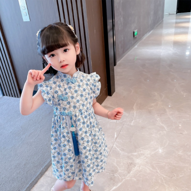 Orenjidamom 女童旗袍荷葉邊花朵連身裙