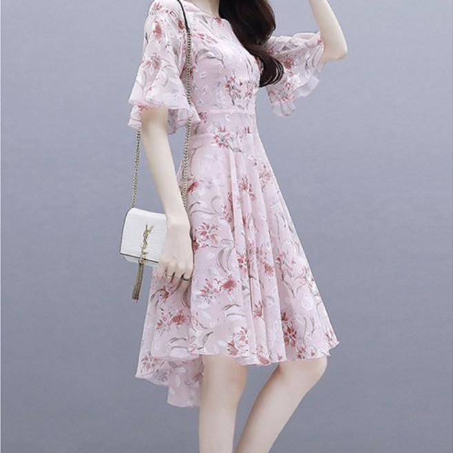 MMMII 女士荷葉邊袖口清純雪紡洋裝 MMM548, 粉紅色