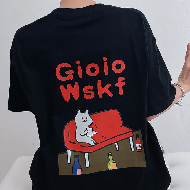 젤루나 여성용 순면100% 고양이 레터링 루즈핏 반팔티 TH-74