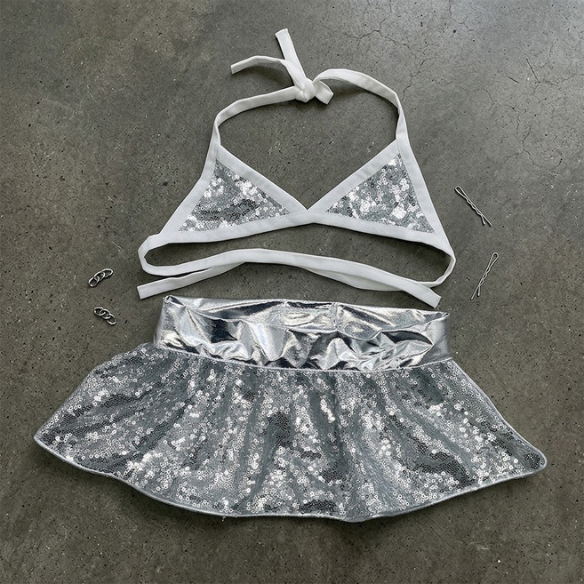 웨이비데이즈 반려동물 스팽글 반짝이 비키니 수영복 W265-0164M, 실버, 1개