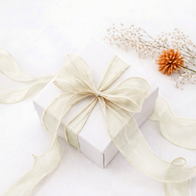 리드홈 오간디 레이스 쉬폰 망사 선물 포장 리본끈 40mm, 크림, 1개, 9m