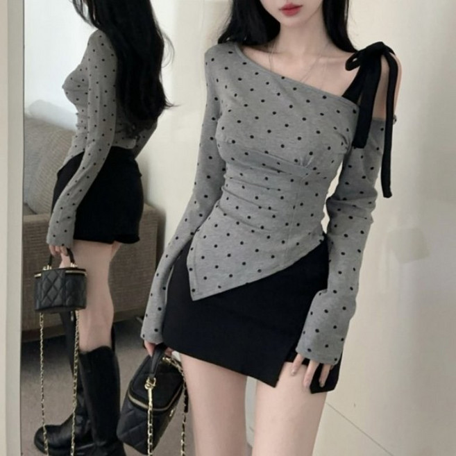 아이엠몽 여성용 미라온 도트 언발 리본 오프숄더 긴팔 티셔츠