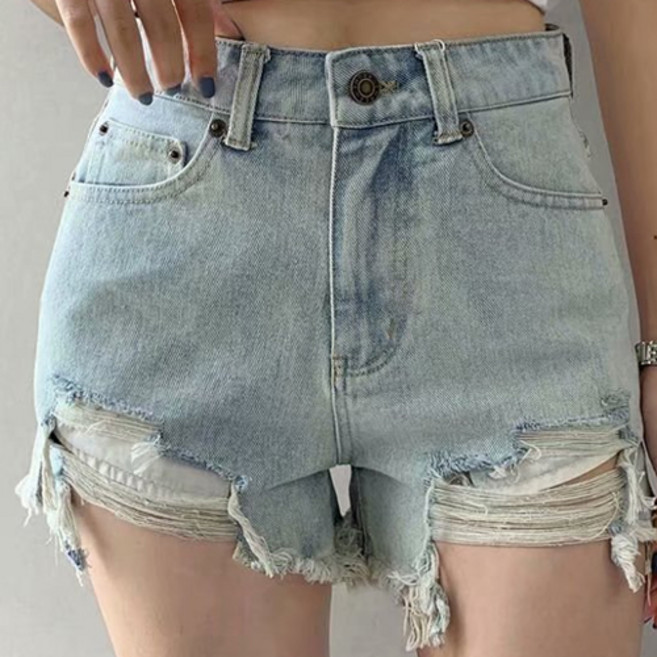 德普羅商務 女款下擺磨損高腰剪裁復古丹寧熱褲