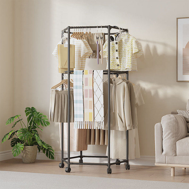 EVER HOUSE 移動式旋轉六角立式衣架 衣架 2層, 黑色