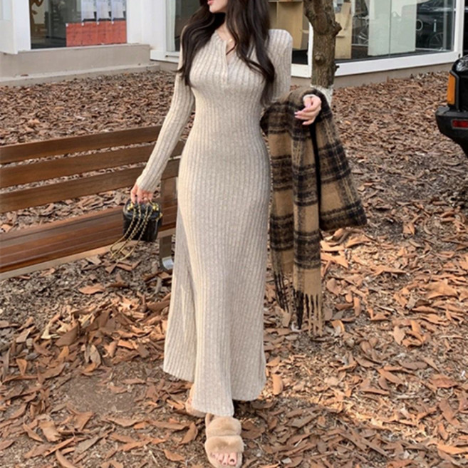 Goodif 女款 Roabel 針織修身長版連身裙, 米色