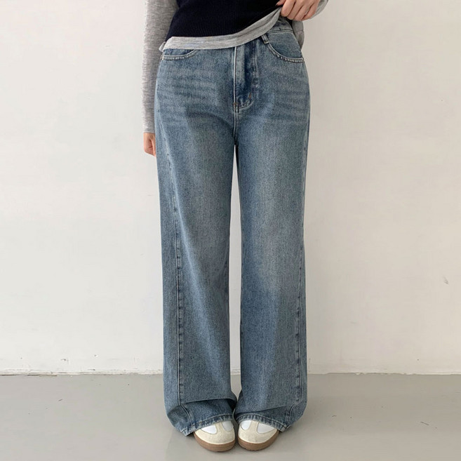 플랜데이 여성용 숏/롱 기장 코리 사이드절개 와이드 워싱 데님팬츠