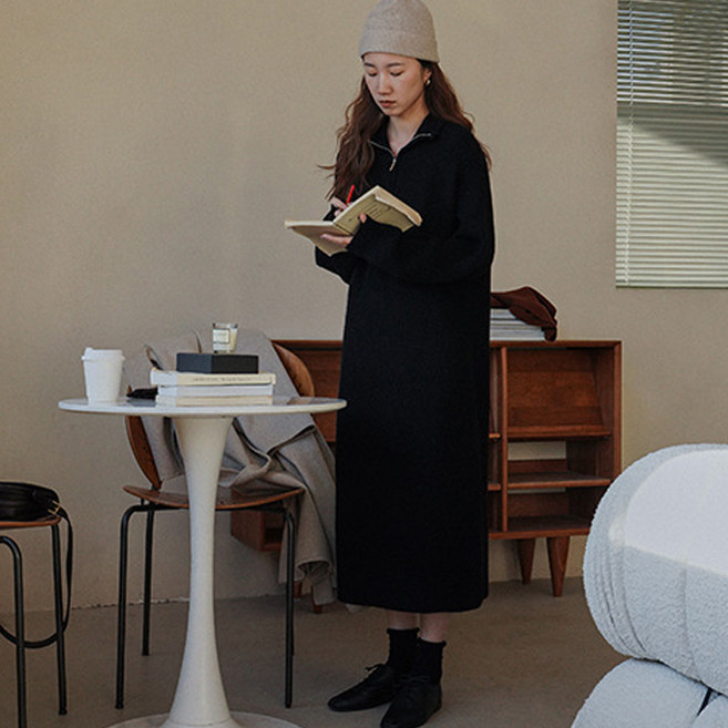 Seonbit La Muse 針織長版洋裝, 黑色