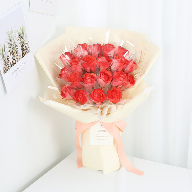 LAVINA 香皂玫瑰 20朵 現金花束 + 提袋組, 燕麥紅(花束), 1套