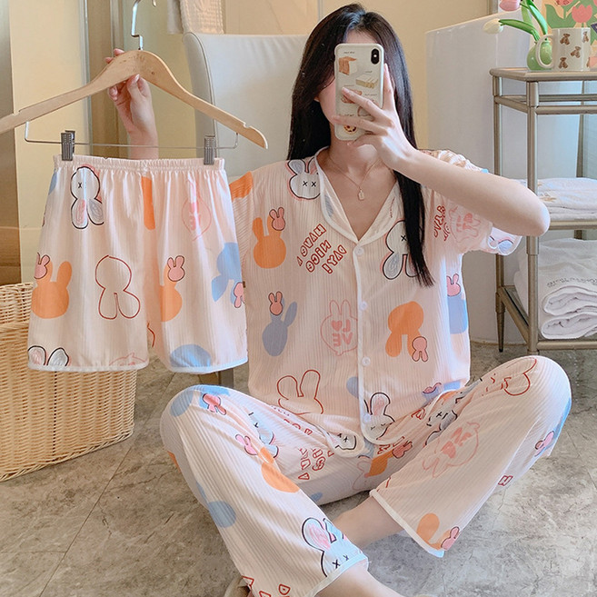 Elsso 女款三件式睡衣家居服短褲長褲上下套裝