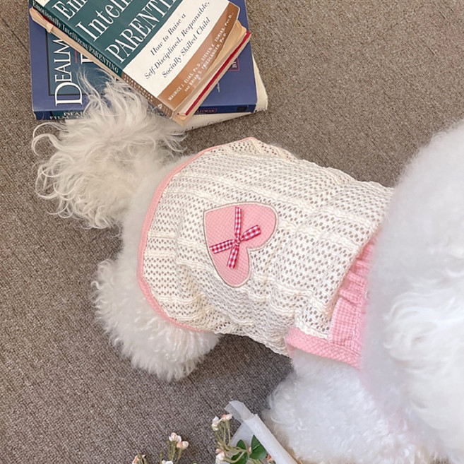 퍼피드림 강아지 체크 리본 펀칭 나시 티셔츠 10072, 핑크, 1개