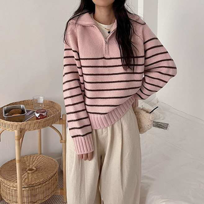 The Flow Commerce 女款舒適波浪條紋半拉鍊針織衫