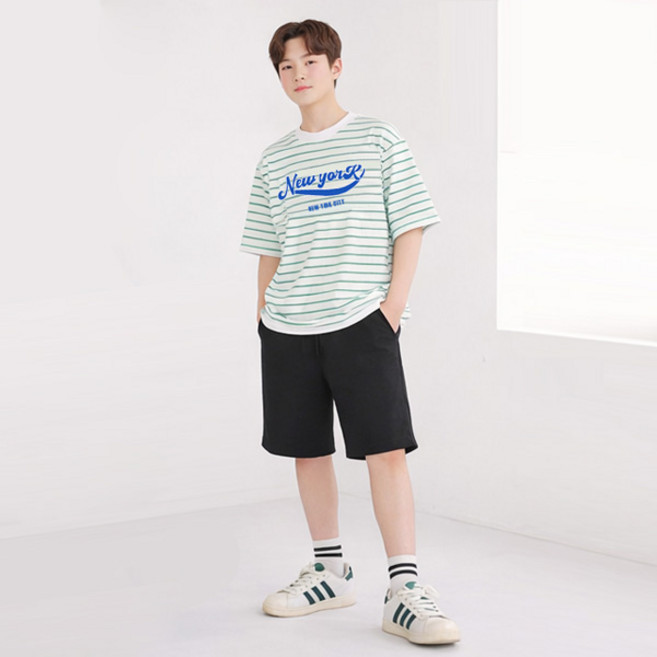 나나주니 라운드넥 NYC 단가라 상의 + 와이드 5부 바지 세트