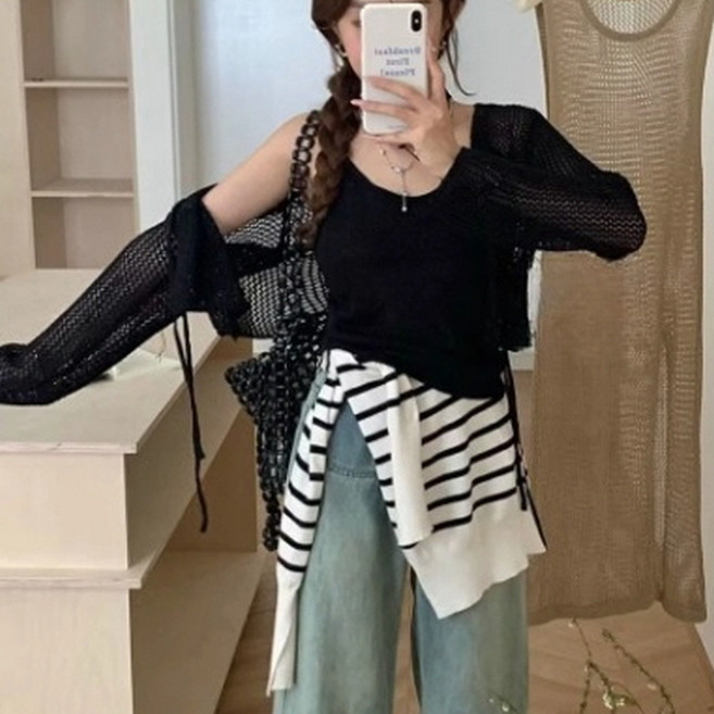 피어니스트 커버 시스루 스타일 나시 가디건 세트