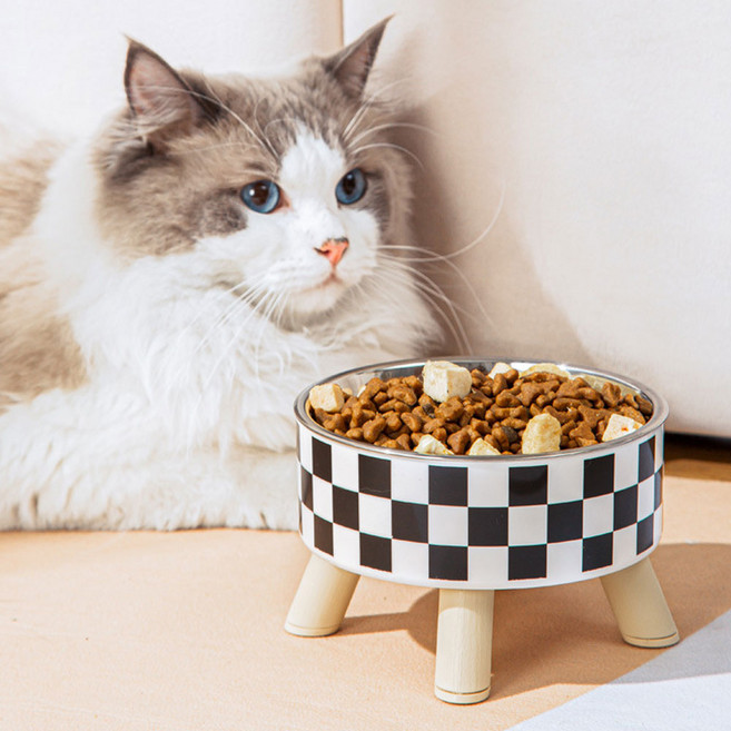 딩동펫 반려동물 땡땡이 체크 대용량 스텐 식기, 체크블랙, 1개