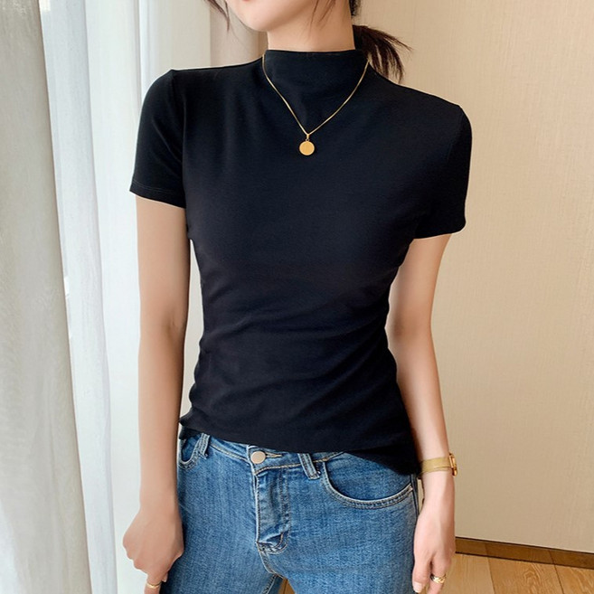 여성용 반폴라 쫀쫀 베이직 슬림핏 반팔 티셔츠