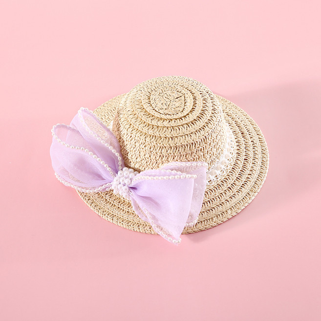 파스텔펫 반려동물 진주 리본 밀짚모자, 퍼플, 1개