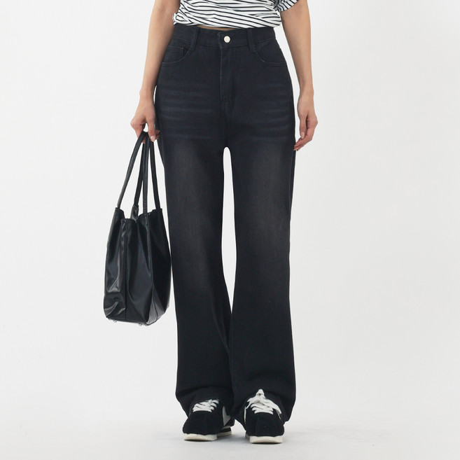 엘쏘 여성용 빈티지 워싱 보이핏 논페이드 와이드 데님 롱 청바지