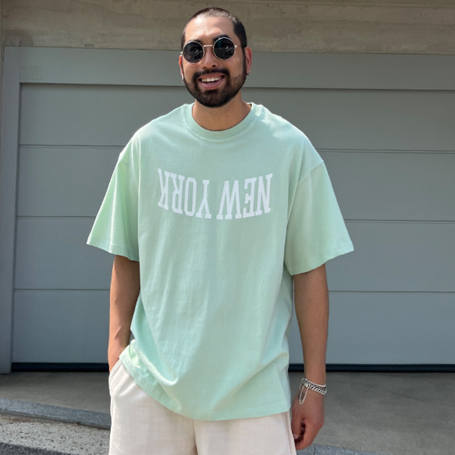 파이브라지 남성용 통기성 빅사이즈 오버핏 반전 나염 레터링 반팔 티셔츠