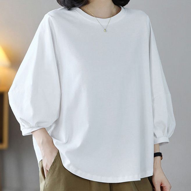 더플로우커머스 여성용 랜턴소매 루즈핏 내추럴 7부 티셔츠