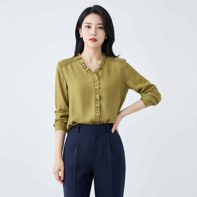 marketpia 女款媽媽裝荷葉邊V領長袖襯衫