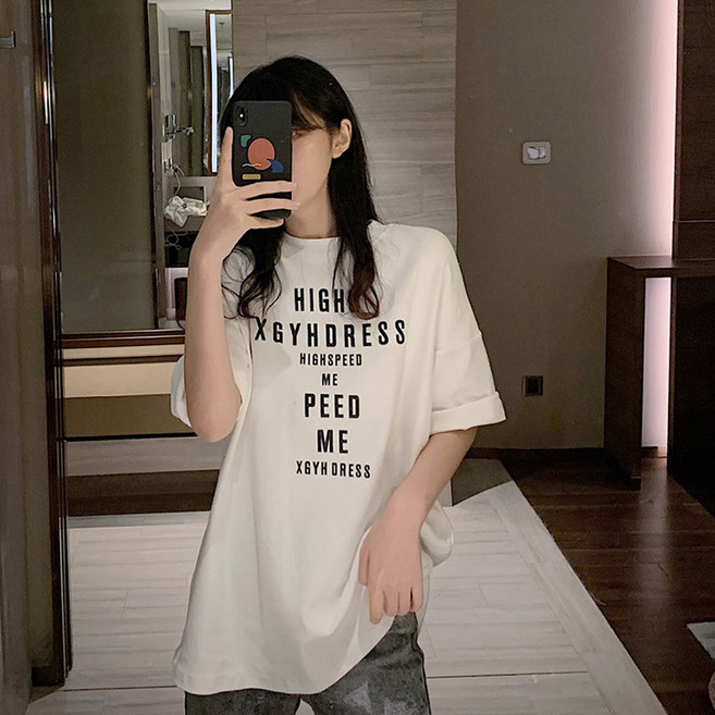 디멜디 여성용 레터링 박시핏 롱라인 트렌디 반팔티셔츠