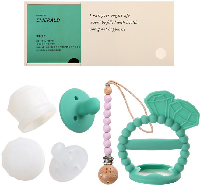 데일리라이크 봉봉 탄생석 노리개 젖꼭지 치발기 세트, 5월 에메랄드, 2단계(4개월이상), 1세트
