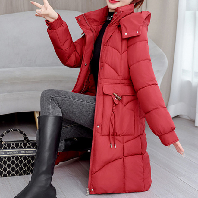 班亞故事 女款腰部抽繩連帽中長版長版鋪棉外套 PP215