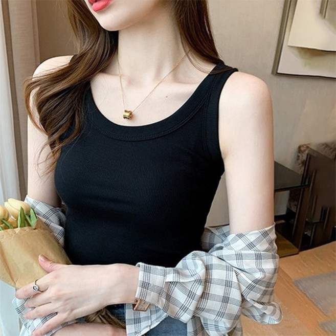 Mabsoshop 女款基本U領修身素色無袖T恤 RK1242