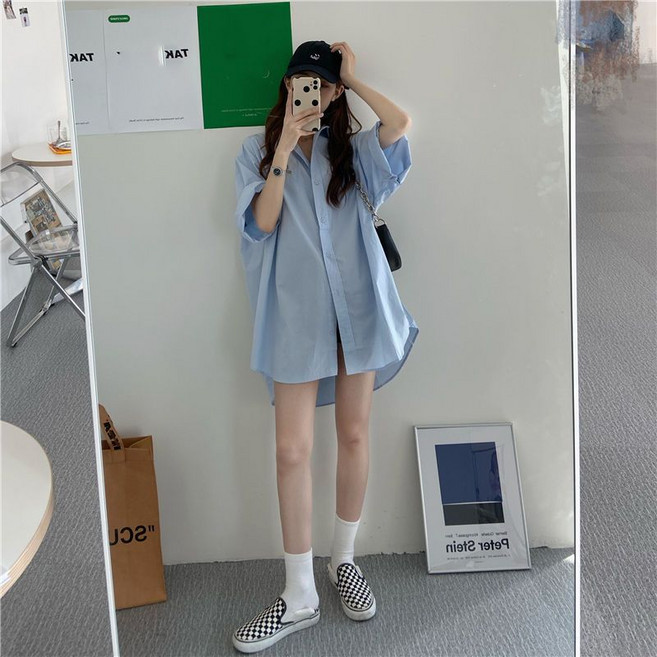 PEONIST 女款休閒風寬鬆版型襯衫領短袖襯衫