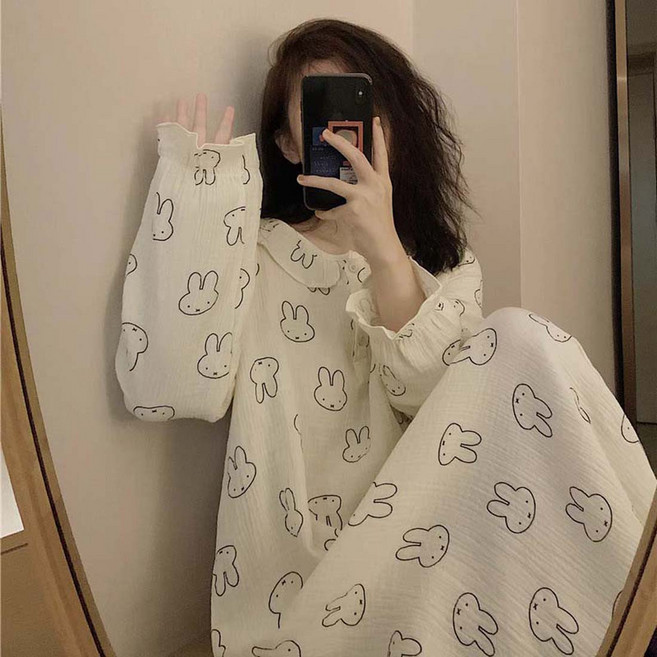 2Estar 女款荷葉邊圖案長袖長版連身睡裙