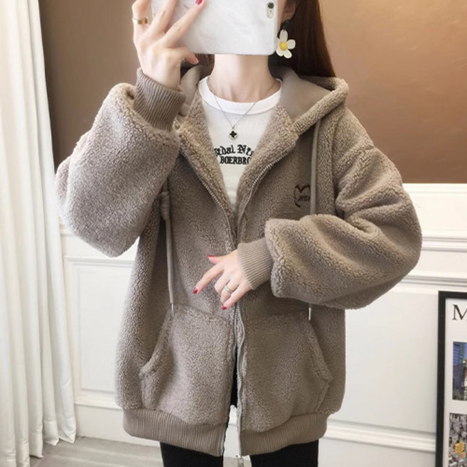 더플로우커머스 여성용 따뜻한 데일리 심플 오버핏 후리스 후드집업