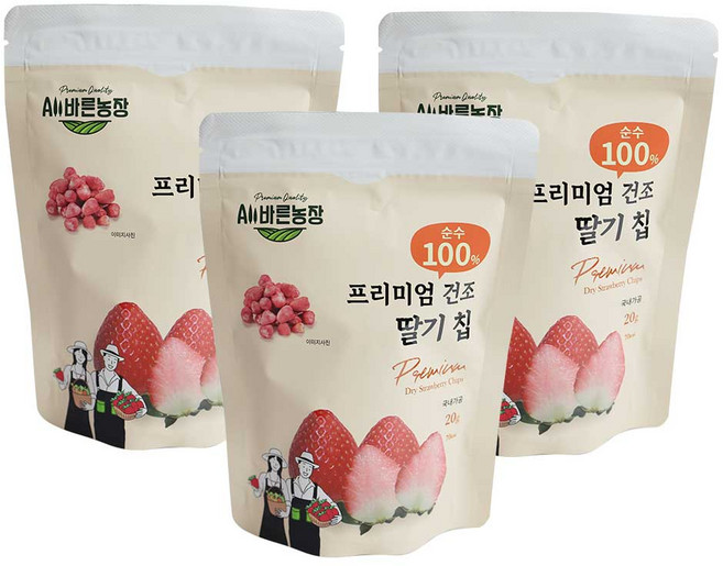 All바른농장 프리미엄 동결건조과일 딸기 칩, 20g, 3개