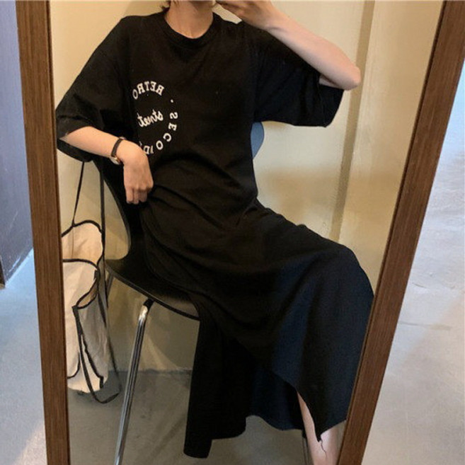 PEONIST Second 後開衩長版連身裙, 黑色
