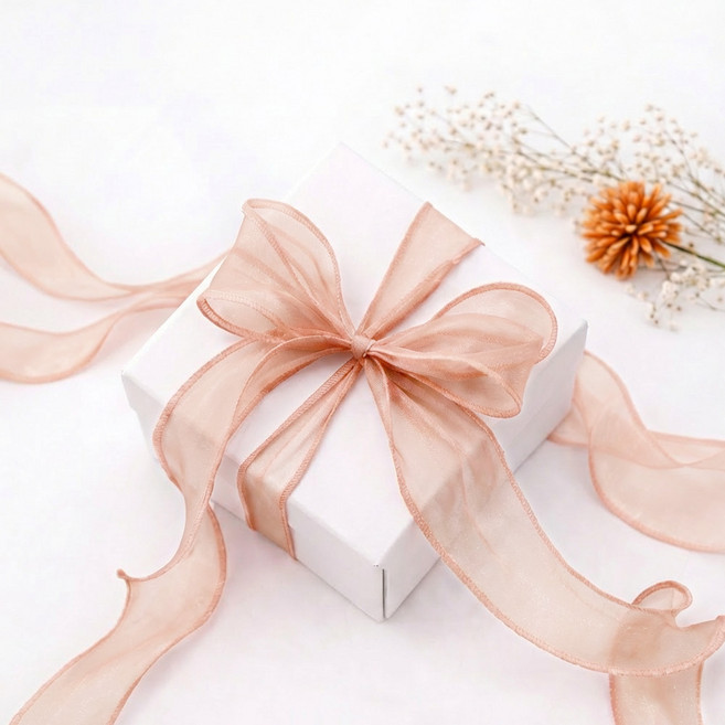 리드홈 오간디 레이스 쉬폰 망사 선물 포장 리본끈 40mm, 코랄핑크, 1개, 9m