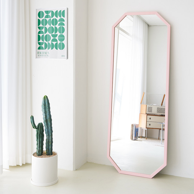 에이스홈 마카롱 팔각 와이드 벽걸이 전신거울 L, 핑크