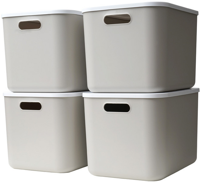 GAKYU 現代圓角附蓋置物箱 L, 灰色(主體)+白色(蓋子), 4入