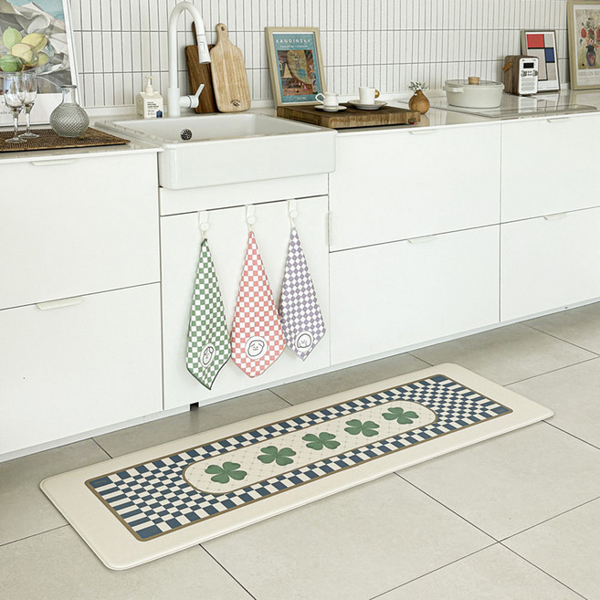 러움 체커클로버 pvc 싱크대 방수 다용도 주방쿠션매트, 블루, 1개
